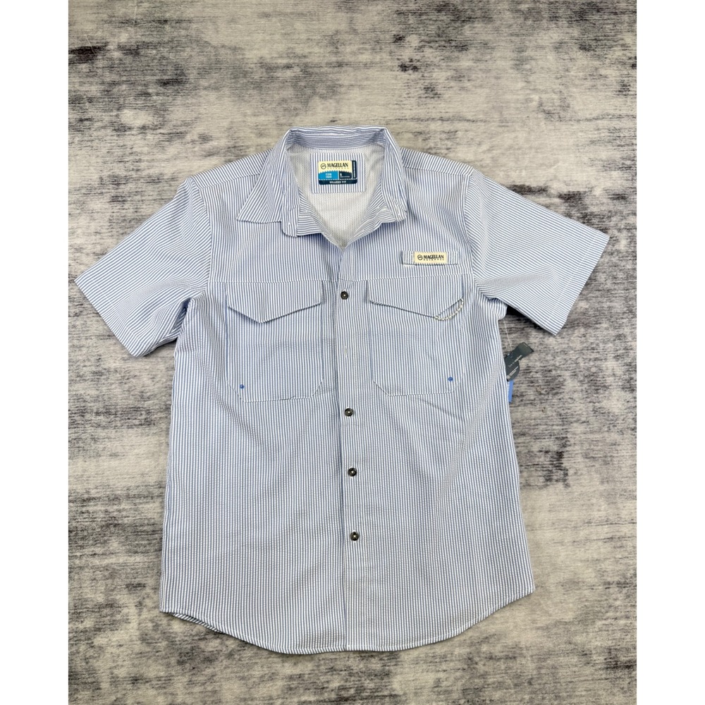 Magellan Outdoors Fish Gear Mens Small Blue White Striped Vented Fishing Shirt